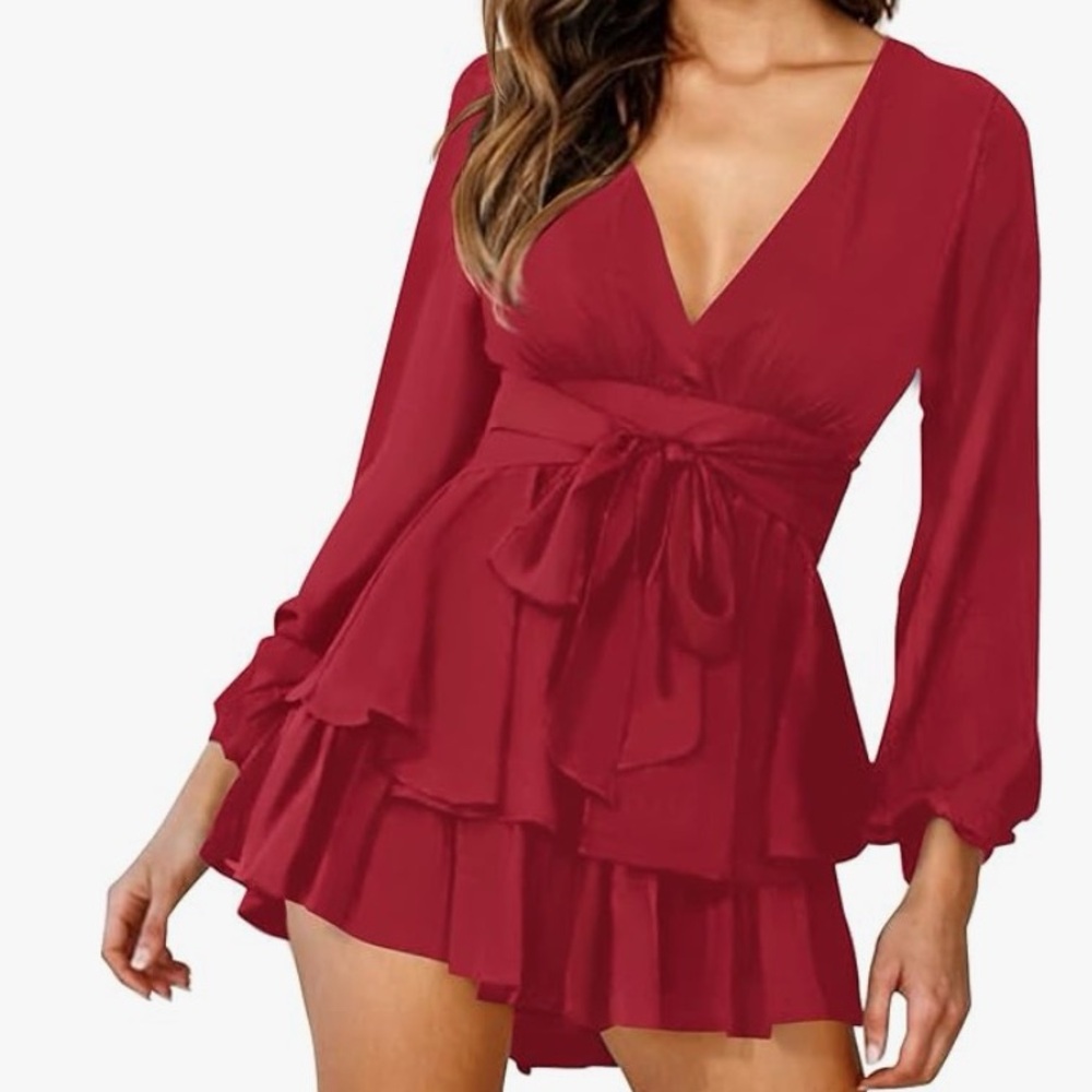 Women’s Romper V -Neck Baggy Sleeve Waist Tie Layered Ruffle Hem